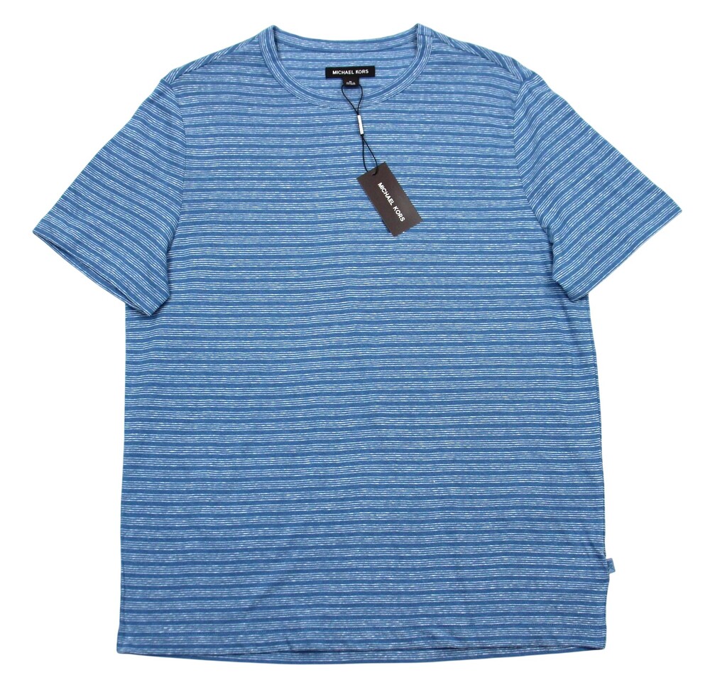 Michael Kors Shirt Mens Medium Steel Blue Striped Linen Cotton Crew Neck NWT